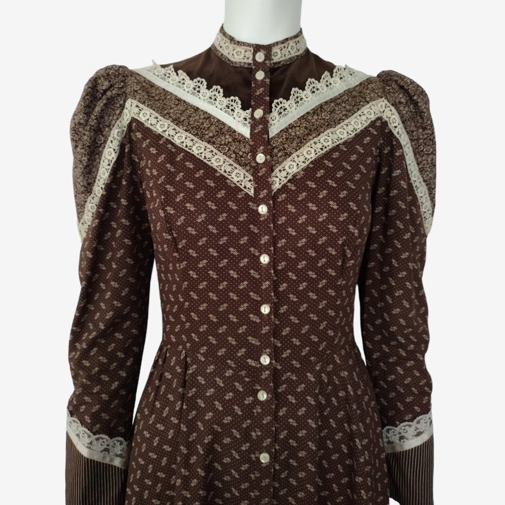 Vintage 70s Gunne Sax Brown Calico Puff Shoulder Button Down Prairie Dress - Picture 7 of 13